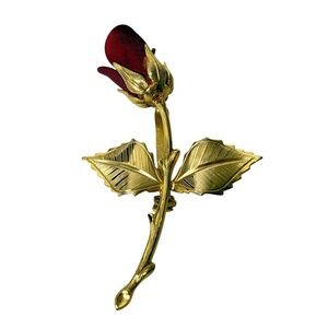 Vintage Gold Tone Long Stem Red Rose Brooch Pin Textured Leaf Floral Jewelry